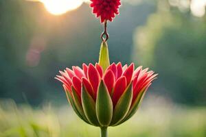 a red flower is hanging from a plant. AI-Generated photo