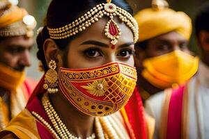 a bride wearing a mask during a wedding ceremony. AI-Generated photo