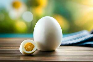 a boiled egg on a table with a knife. AI-Generated photo
