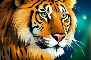 a tiger with green eyes and a bright green background. AI-Generated photo