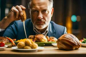 un hombre en un traje es comiendo un comida con comida en él. generado por ai foto