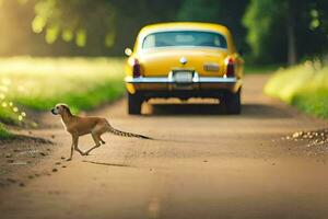 un leopardo corriendo a través de el la carretera en frente de un amarillo coche. generado por ai foto