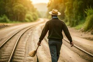 un hombre en un sombrero camina a lo largo ferrocarril pistas generado por ai foto