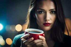 a woman holding a red cup of coffee. AI-Generated photo