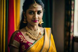 a beautiful indian bride in a yellow sari. AI-Generated photo