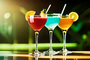 three colorful cocktails on a table. AI-Generated photo