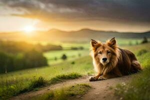 a dog sitting on a dirt road in front of a sunset. AI-Generated photo