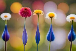 four colorful flowers in vases with a blurred background. AI-Generated photo