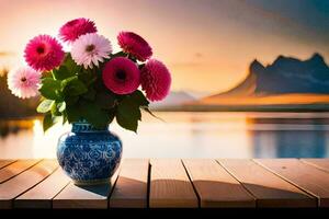 a vase of pink flowers on a table with mountains in the background. AI-Generated photo