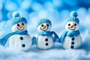 Tres muñecos de nieve vistiendo sombreros y bufandas. generado por ai foto