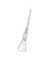 Single old twig broom, broomstick, traditional Halloween symbol, sketch style vector illustration. Hand drawn, sketch style witch broom, broomstick, Halloween object. Vector illustration