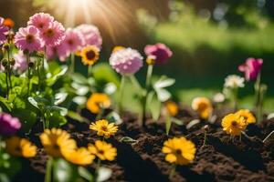 un campo de flores con el Dom brillante a través de. generado por ai foto