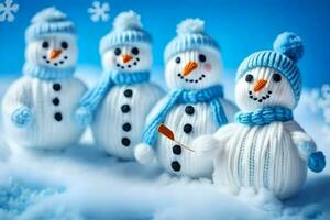 snowmen in blue and white knitted hats. AI-Generated photo