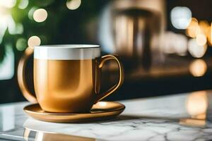 golden coffee cup on a marble counter. AI-Generated photo