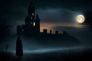 a man in a cloak walks in front of a castle at night. AI-Generated photo