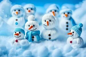 many small snowmen are standing in a group. AI-Generated photo