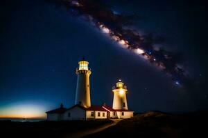 the milky way over two lighthouse. AI-Generated photo