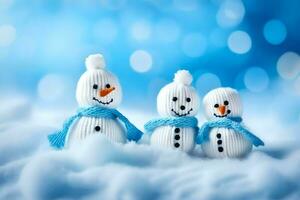 three snowmen are standing in the snow. AI-Generated photo