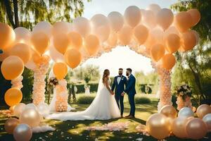 wedding couple under the arch of balloons. AI-Generated photo