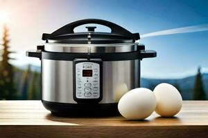 an instant pot with two eggs on a table. AI-Generated photo