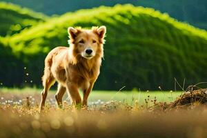 a dog is standing in the grass in front of a green hill. AI-Generated photo