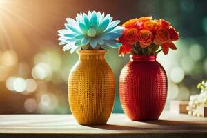 two colorful vases with flowers on a table. AI-Generated photo