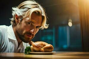 un hombre con un barba y blanco camisa es mirando a un plato de alimento. generado por ai foto