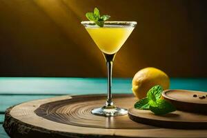 a cocktail with lemon and mint on a wooden table. AI-Generated photo