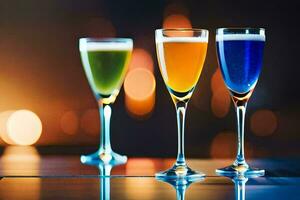 three glasses of different colored drinks on a table. AI-Generated photo