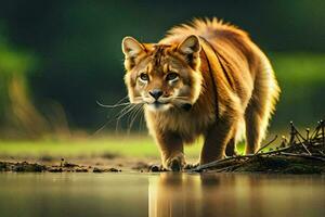 un león caminando a través de el agua en el bosque. generado por ai foto