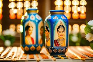 two vases with pictures of indian women on them. AI-Generated photo