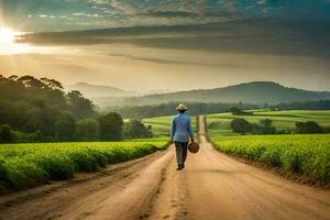 a man walking down a dirt road in the middle of a green field. AI-Generated photo