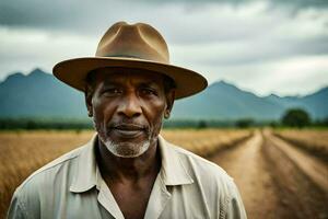 a man in a hat stands in a field. AI-Generated photo