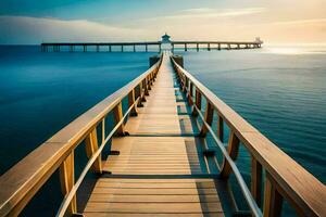 a pier with a long wooden walkway leading to the ocean. AI-Generated photo