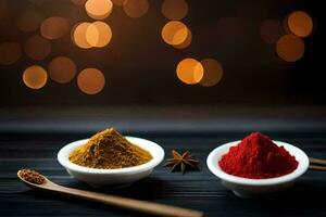 spices in a bowl and an anise star on a wooden table. AI-Generated photo