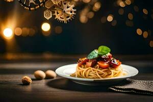 spaghetti with tomato sauce and nuts on a plate. AI-Generated photo