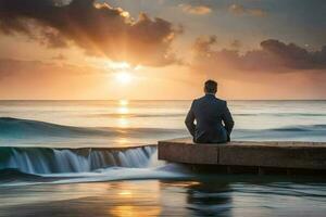 a man in a suit sits on a dock watching the sun set over the ocean. AI-Generated photo