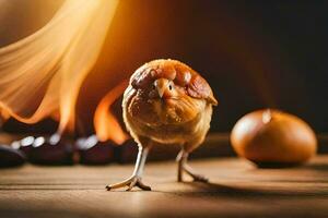 a chicken is standing on a wooden table with oranges behind it. AI-Generated photo