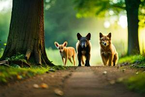 Tres perros caminando abajo un camino en el bosque. generado por ai foto