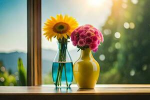 dos floreros con flores sentado en un ventana umbral. generado por ai foto