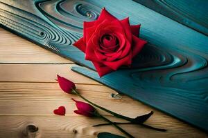 un soltero rojo Rosa en un de madera mesa. generado por ai foto