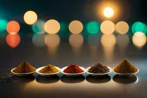 five different spices in bowls on a table. AI-Generated photo