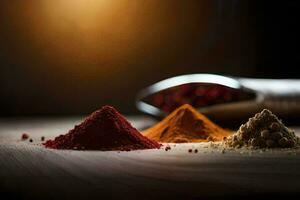 three different spices are shown on a table. AI-Generated photo