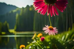a pink flower is hanging from a tree near a lake. AI-Generated photo