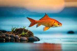 goldfish jumping out of the water at sunset. AI-Generated photo