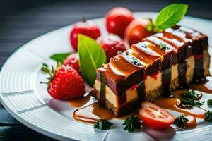 a piece of cake with strawberries and sauce. AI-Generated photo