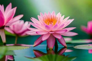 pink lotus flowers in water with green leaves. AI-Generated photo