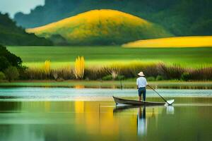 a man in a boat on a lake with yellow grass. AI-Generated photo