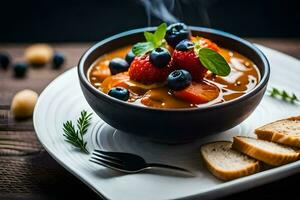 a bowl of soup with berries and bread on a wooden table. AI-Generated photo