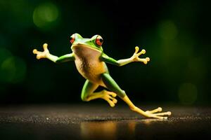 a frog jumping on a black background. AI-Generated photo